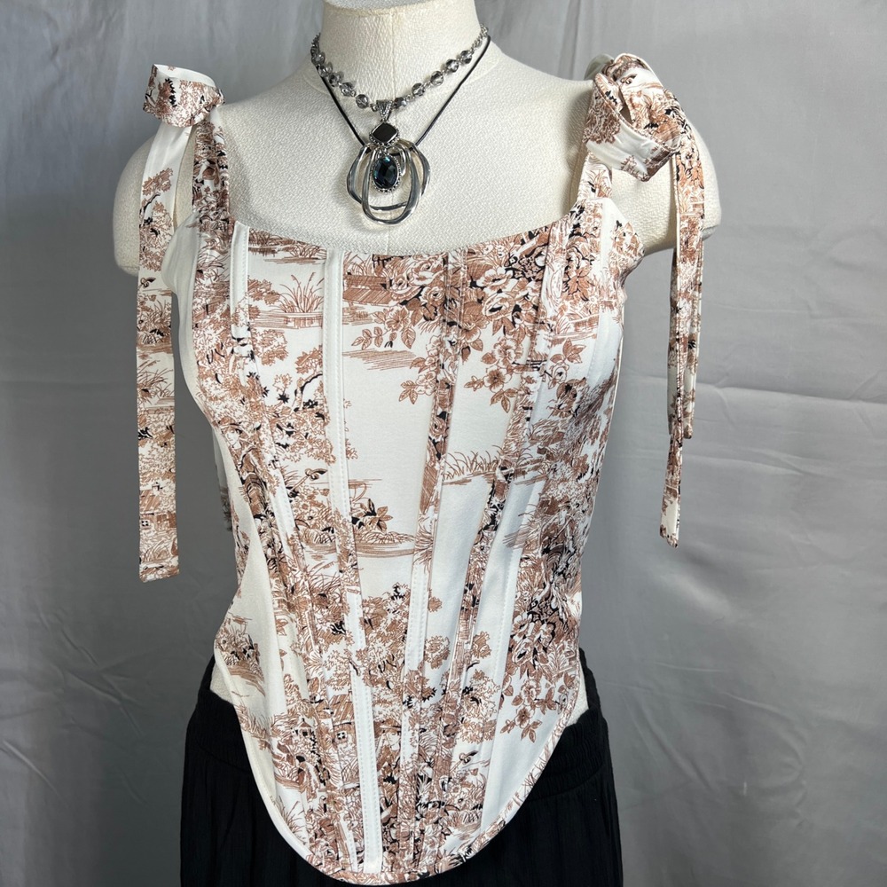 Fashion Nova Women's Corset Sm White‎ Brown Toile Print Tie Shoulder Zipper Back